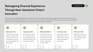 Fintech company presentation slides with mission statements, AI finance insights, team profiles, and modern card-based layouts.
