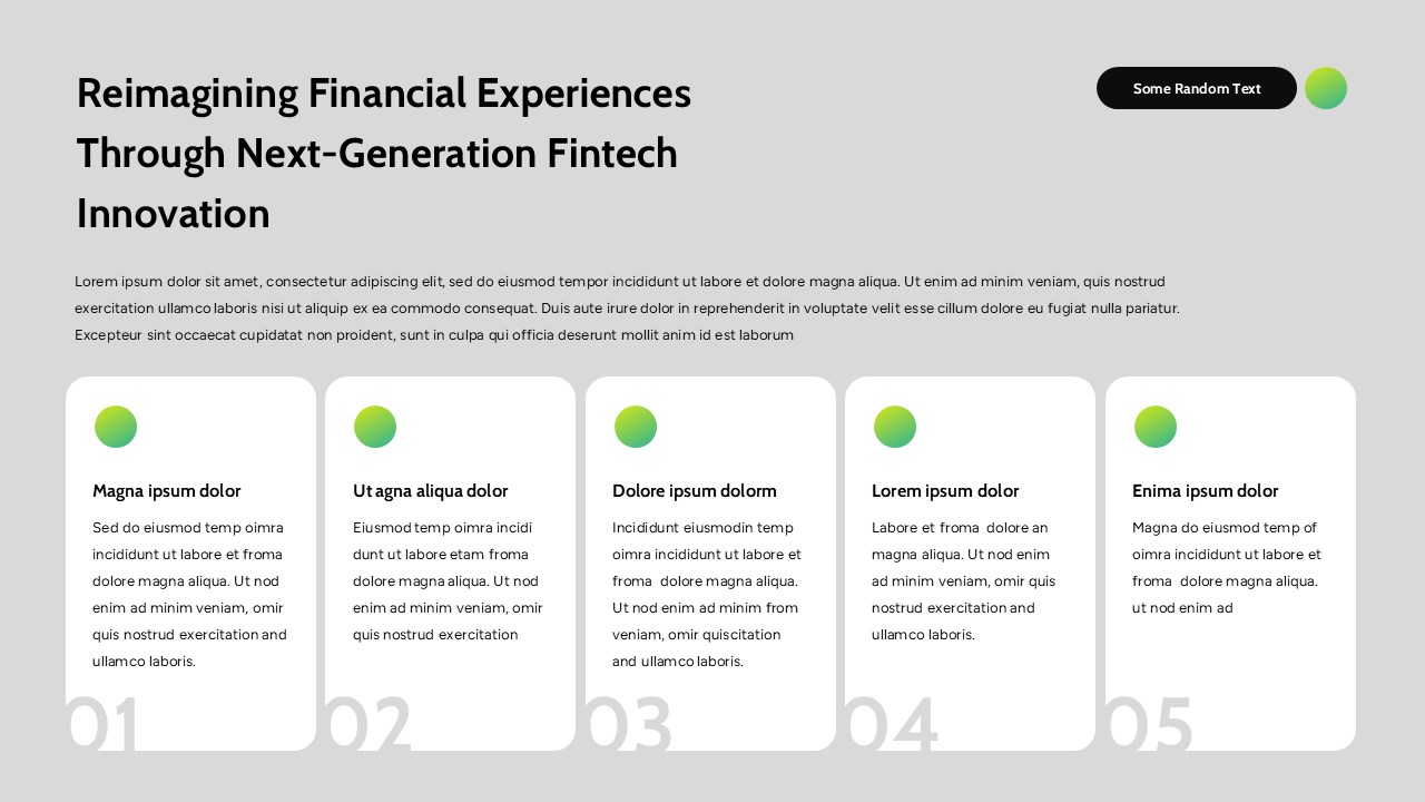 Fintech company presentation slides with mission statements, AI finance insights, team profiles, and modern card-based layouts.