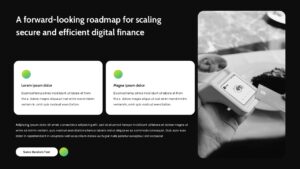 Fintech company presentation slides with mission statements, AI finance insights, team profiles, and modern card-based layouts.