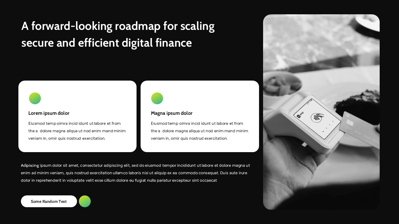 Fintech company presentation slides with mission statements, AI finance insights, team profiles, and modern card-based layouts.