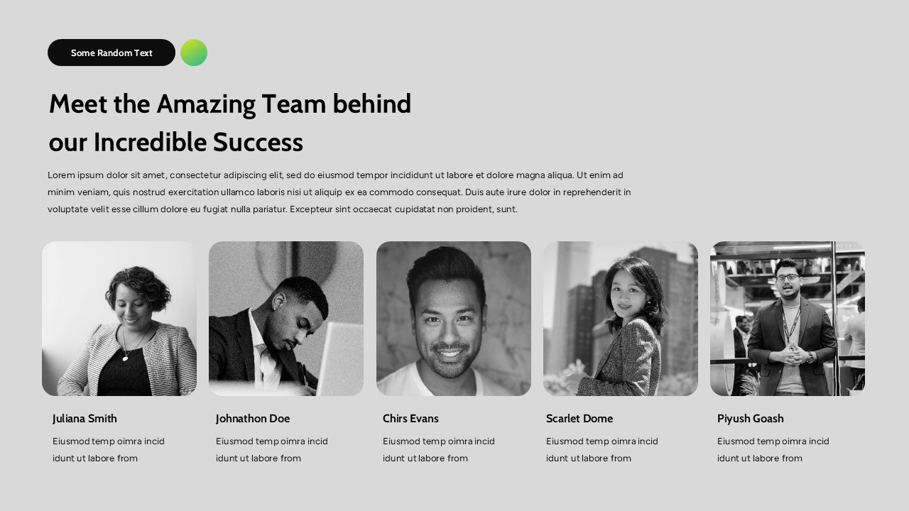 Fintech company presentation slides with mission statements, AI finance insights, team profiles, and modern card-based layouts.