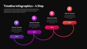 Four-step curved timeline infographic with milestone labels and circular icons across years