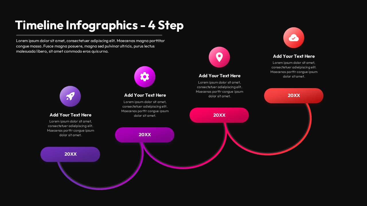 Four-step curved timeline infographic with milestone labels and circular icons across years