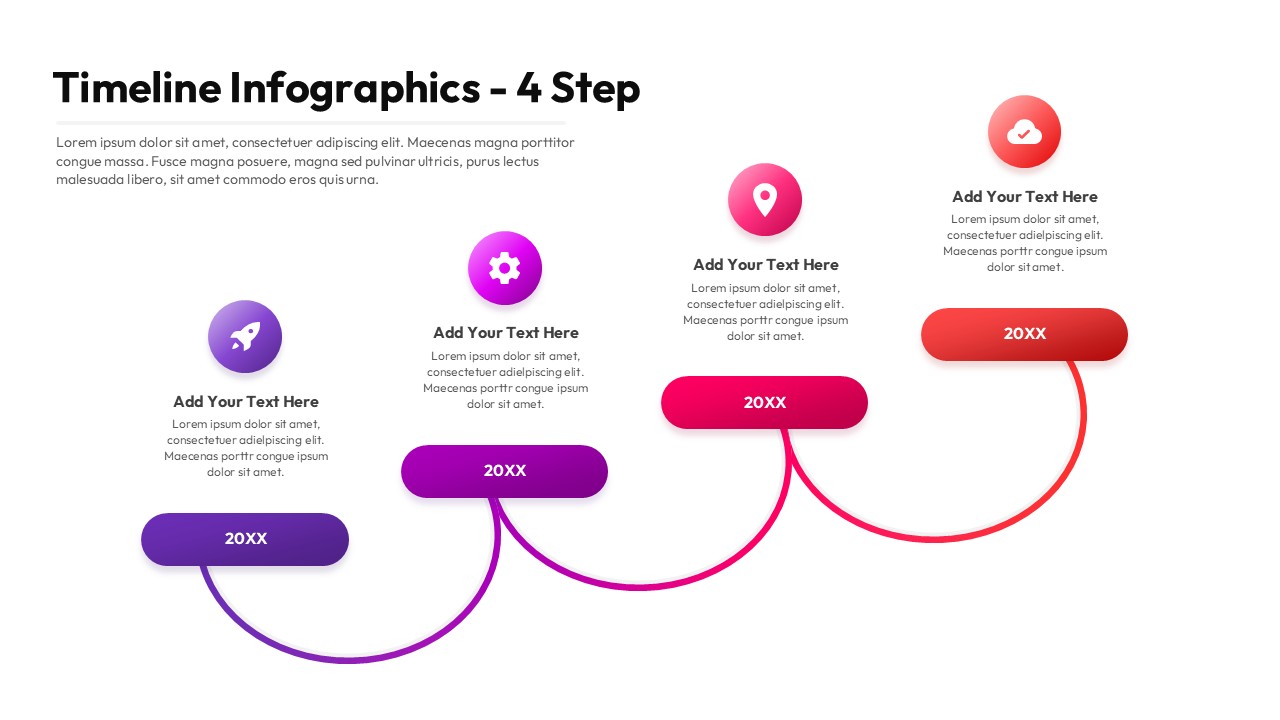 Four-step curved timeline infographic with milestone labels and circular icons across years