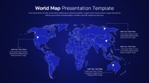 World map slide with highlighted regions and callout labels for key locations
