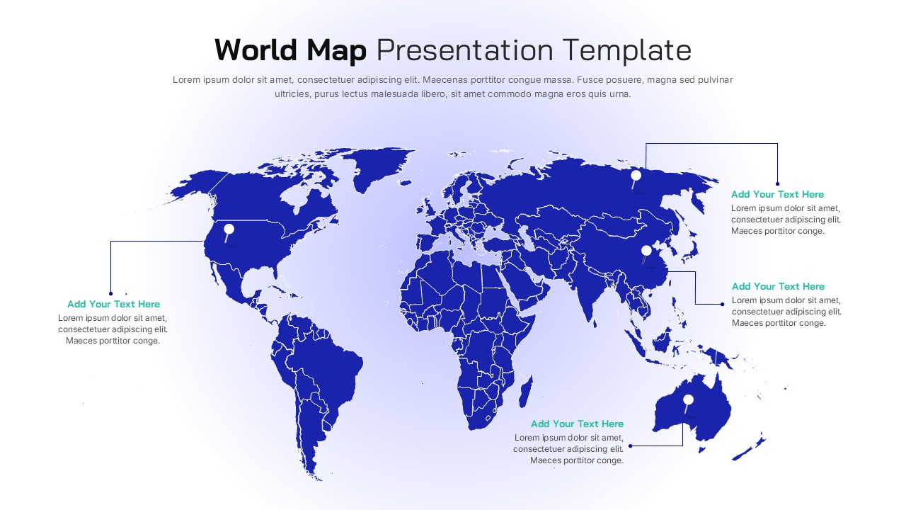 World map slide with highlighted regions and callout labels for key locations