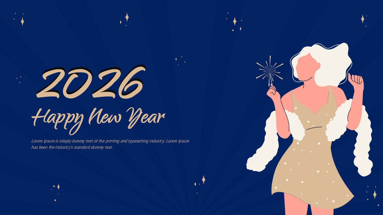 Happy New Year 2026 greeting slide with dark blue background, festive text, and illustrated woman holding a sparkler with star accents