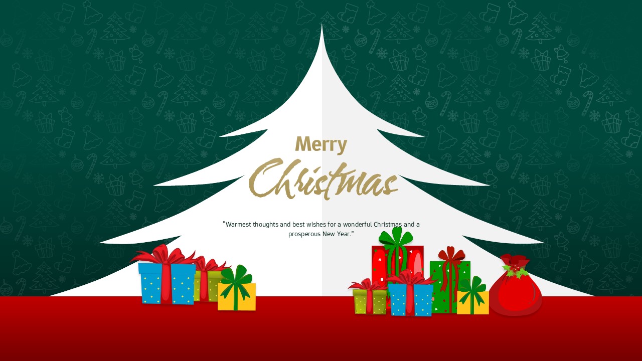 Christmas greeting slide with white tree shape, merry Christmas text, green patterned background, and colorful gift boxes at the bottom