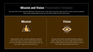 Mission and vision slide with two-column layout, icons for mission and vision, and clean neutral background.