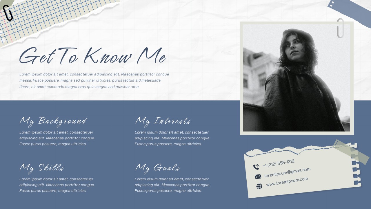 Personal introduction slide with profile photo and sections for background, interests, skills, goals, and contact details