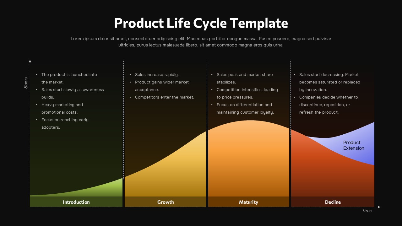 Product life cycle chart showing introduction, growth, maturity, and decline stages over time