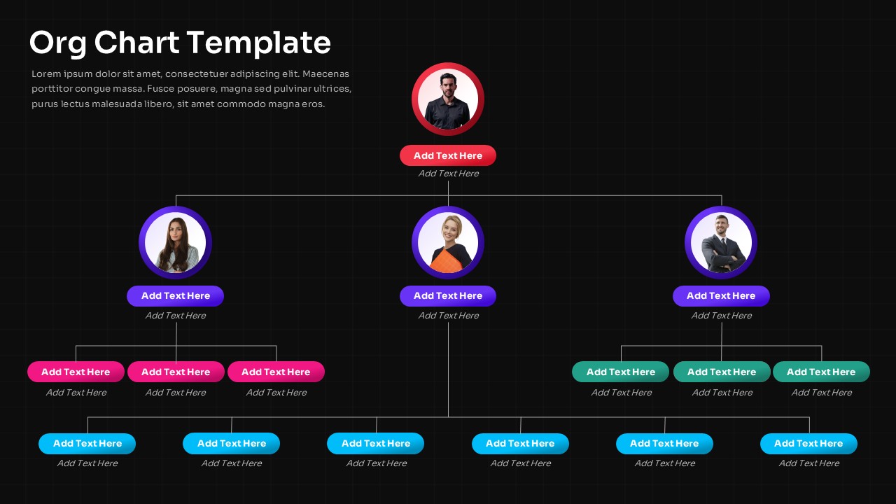 Organizational chart with a CEO connected to three department heads and their teams