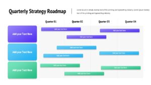Quarterly strategy roadmap slide with four columns labeled Q1 to Q4 and horizontal color-coded timeline bars.