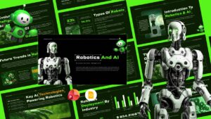 Robotics and AI presentation slides with dark background, green accents, robots, charts, and technology layouts.