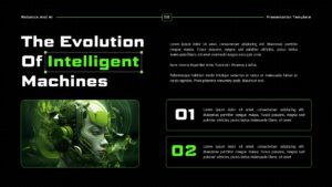 Robotics and AI presentation slides with dark background, green accents, robots, charts, and technology layouts.