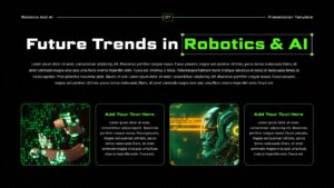 Robotics and AI presentation slides with dark background, green accents, robots, charts, and technology layouts.