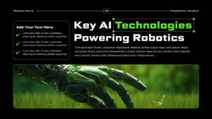 Robotics and AI presentation slides with dark background, green accents, robots, charts, and technology layouts.