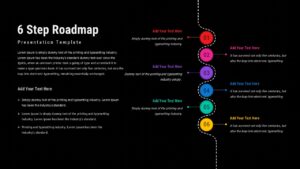 Six step roadmap slide with vertical dotted path, six colorful numbered circles, and text callouts for each step