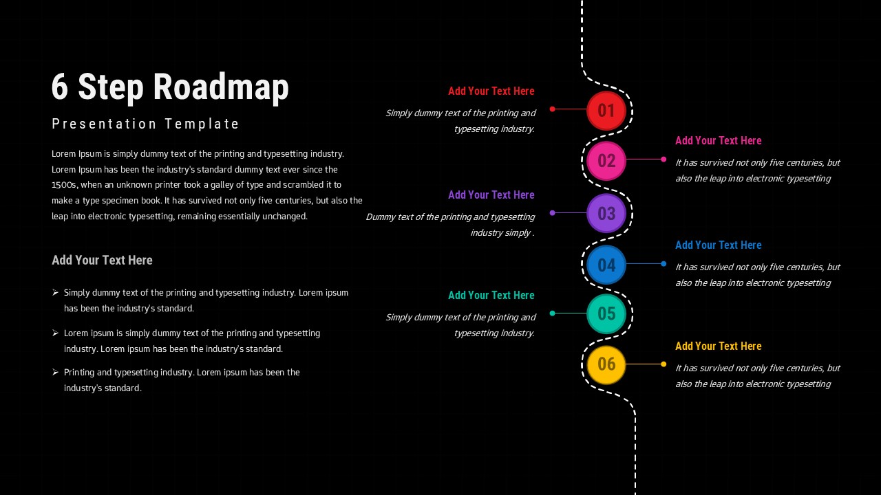 Six step roadmap slide with vertical dotted path, six colorful numbered circles, and text callouts for each step
