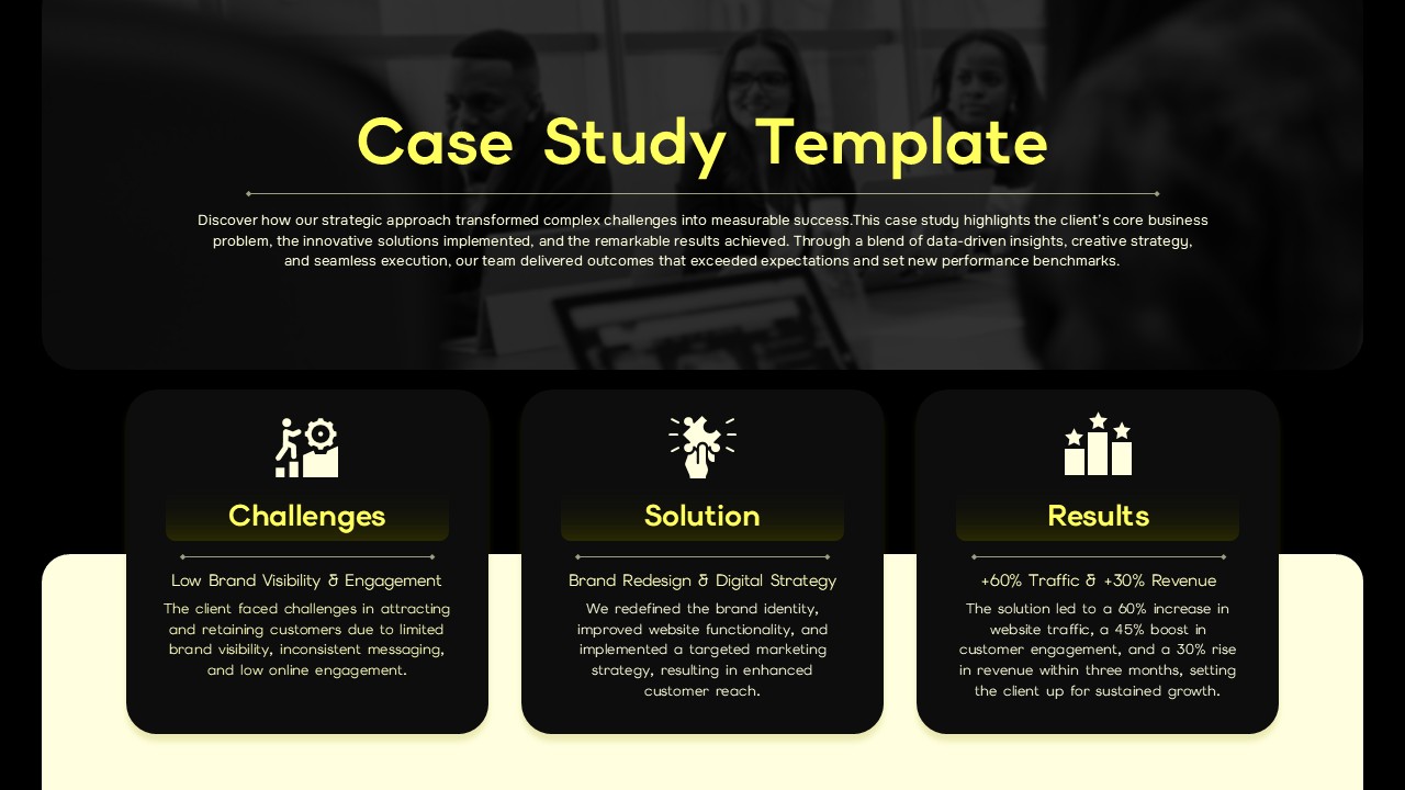 Case Study Challenges Solutions Presentation Template with a dark and light theme