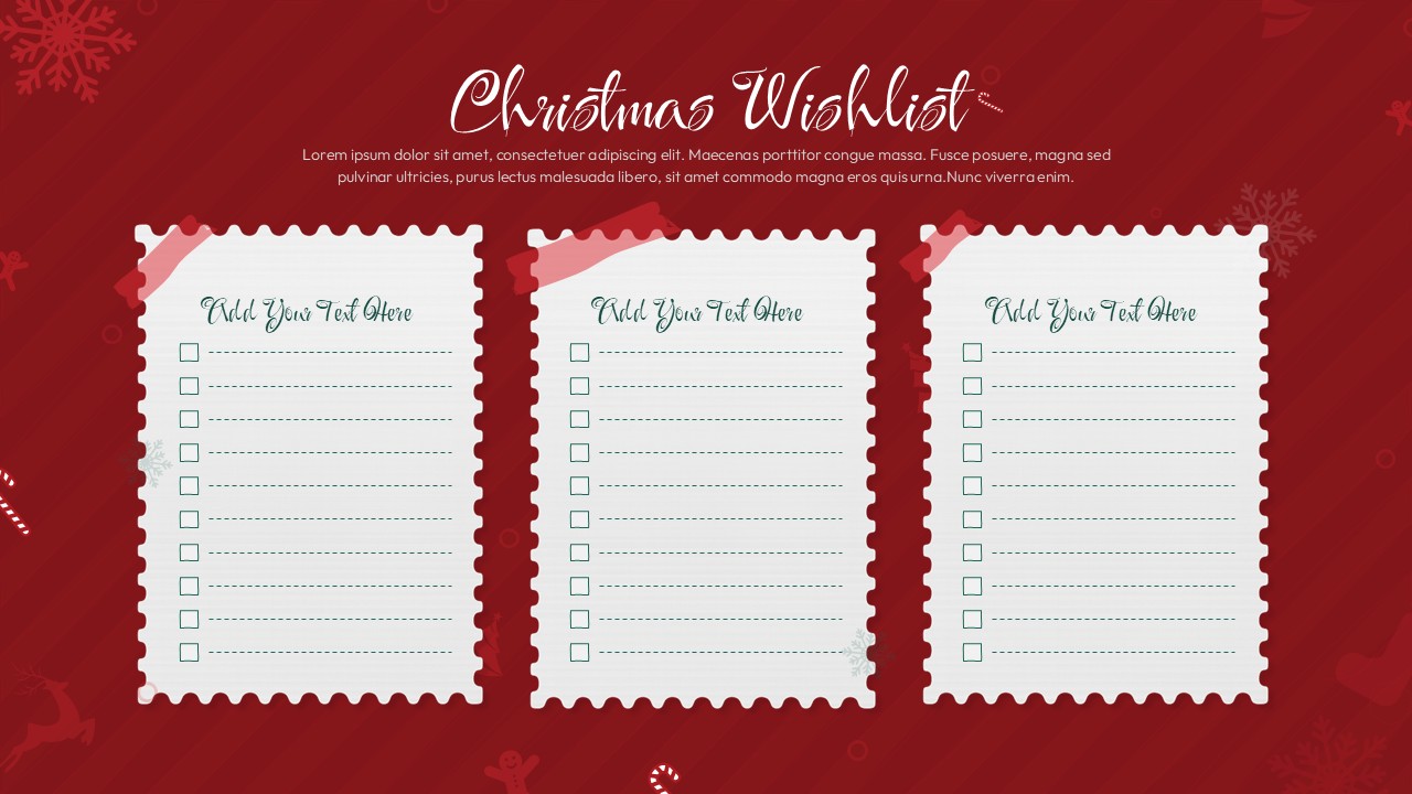 Christmas Wishlist Checklist wit h3 boxes on a red background