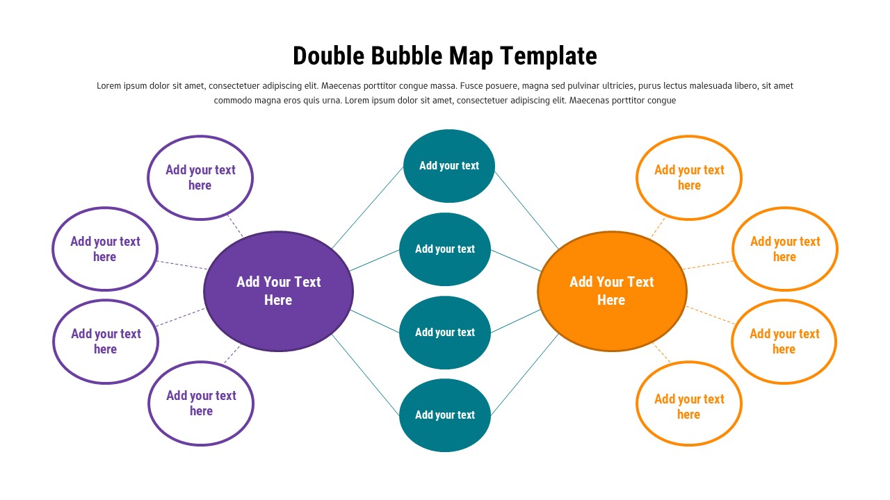 Double Bubble Map Diagram Presentation with Purple, Orange and Green bubbles on a light background