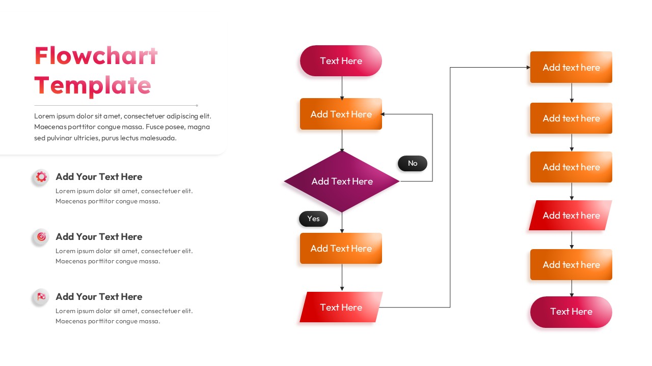 Business flowchart diagram slide with process boxes, decision diamond, arrows, and gradient-colored steps on a clean white layout.