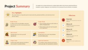 Project summary overview slide with highlighted sections for scope, goals, risks, team, and a vertical milestone timeline.
