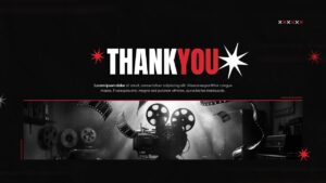 thankyou Cinematic film pitch deck slide layout with bold red and black design, image placeholders, and structured sections for storytelling.