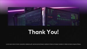 Cyber security presentation closing slide with dark background, purple lighting, monitoring screen imagery, and large centered “Thank You” text.