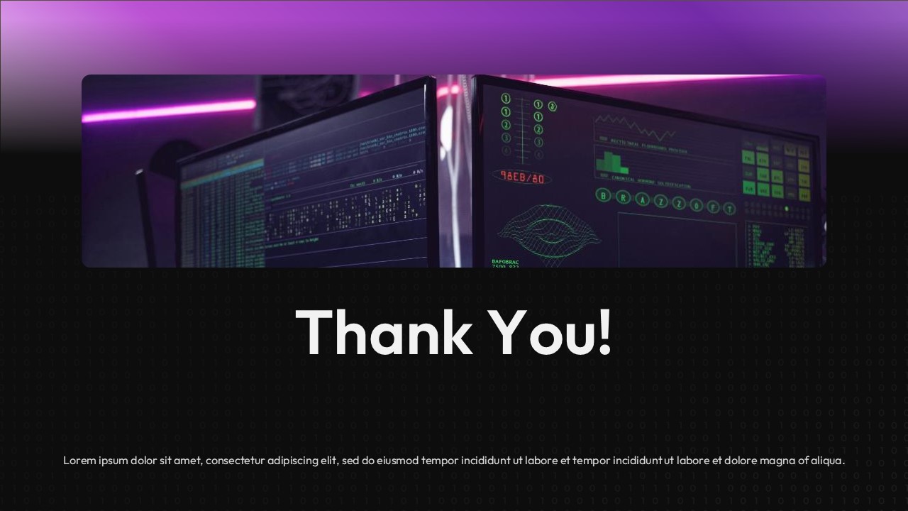 Cyber security presentation closing slide with dark background, purple lighting, monitoring screen imagery, and large centered “Thank You” text.