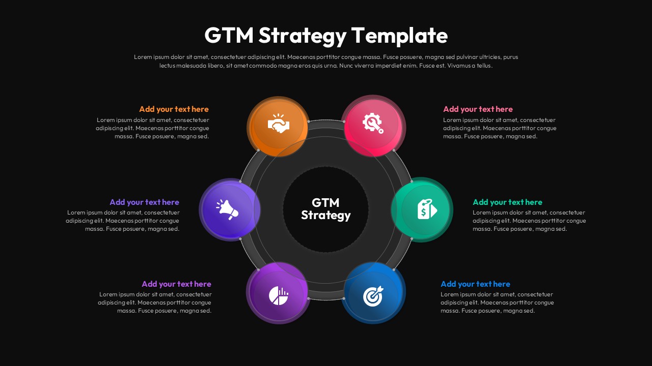GTM Strategy Framework Slide with a circular design on a dark background