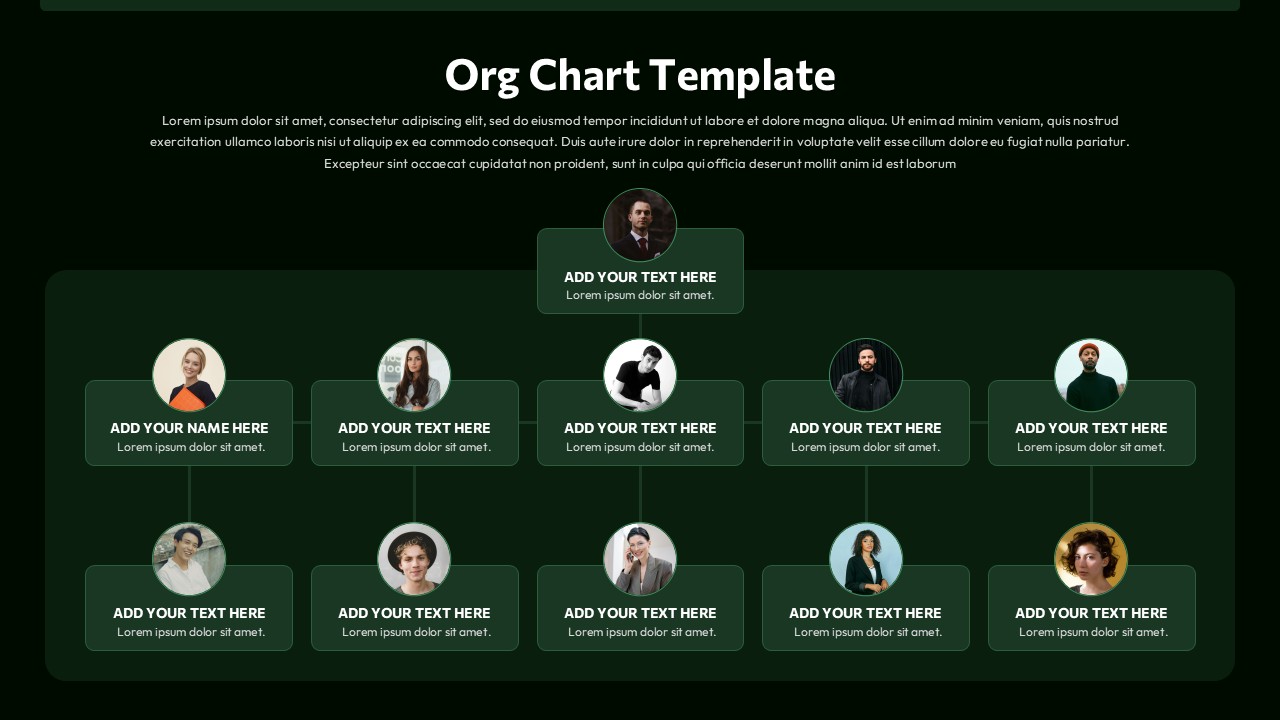 Org Chart Structure Layout Template Slides in a dark green tone