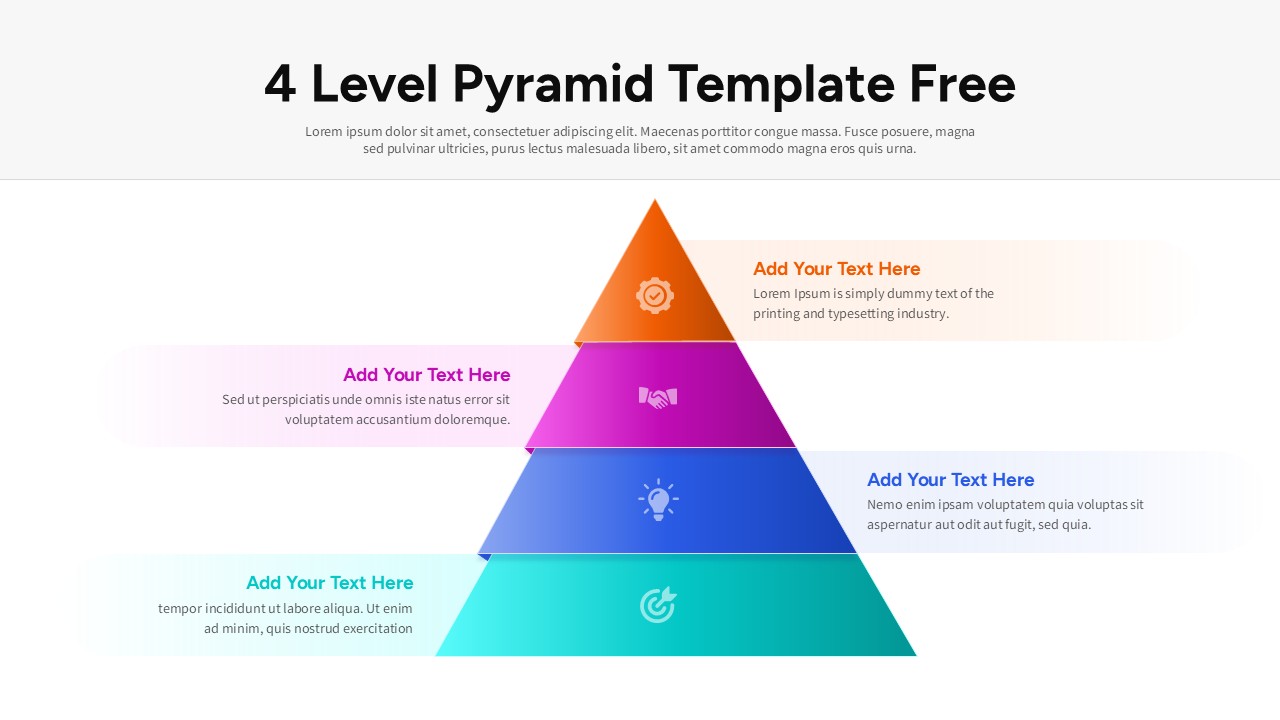 4 Level colourful gradient Pyramid Diagram Template on white background