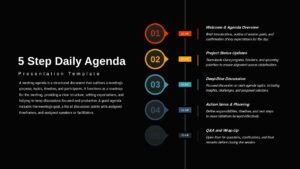 5 step daily agenda slide with vertical timeline, numbered markers, time labels, and agenda descriptions black