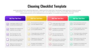 Cleaning checklist slide with four color-coded columns, checkbox items, and editable task lists.