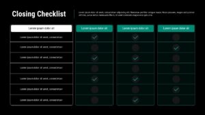 Closing checklist slide with task list on the left and multiple columns with checkmark indicators for completion status black