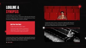 logline & synopsis Cinematic film pitch deck slide layout with bold red and black design, image placeholders, and structured sections for storytelling