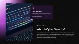 Cyber security introduction presentation slide with a dark gradient background, close-up laptop code screen, purple overlay card, and a bold heading and text.