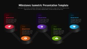 Isometric milestones timeline slide with colored 3D platforms, icons, year labels, and connected stages in a horizontal layout black