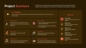 Project summary overview slide with highlighted sections for scope, goals, risks, team, and a vertical milestone timeline brown