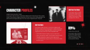 character profile Cinematic film pitch deck slide layout with bold red and black design, image placeholders, and structured sections for storytelling.