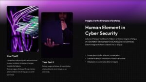 Cyber security presentation slide highlighting the human element, with dark background, purple accents, network cable imagery, a person using a laptop, and a bold section title with bullet points.