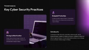 Cyber security best practices slide with dark background, purple accent cards, laptop code imagery, and sections for strong authentication, endpoint protection, and data security.