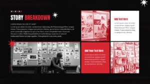 story breakdown Cinematic film pitch deck slide layout with bold red and black design, image placeholders, and structured sections for storytelling.