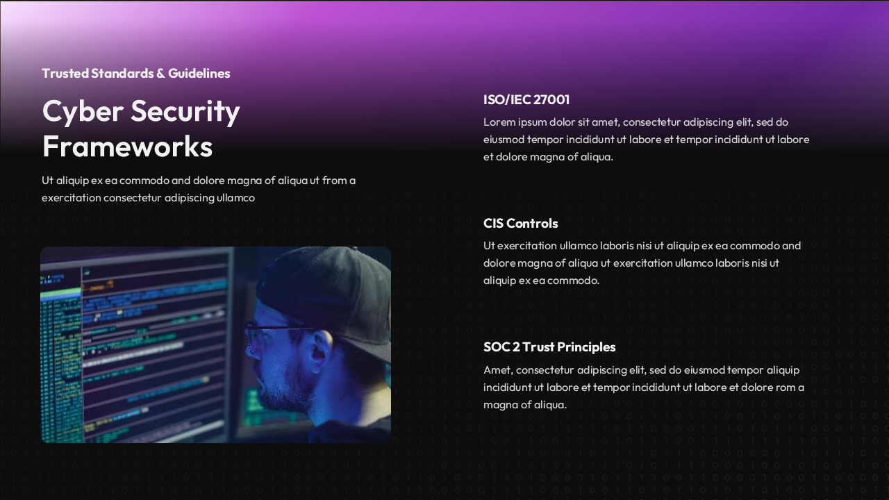 Cyber security frameworks slide with dark background, purple gradient header, code screen imagery, and sections for ISO/IEC 27001, CIS Controls, and SOC 2 trust principles.