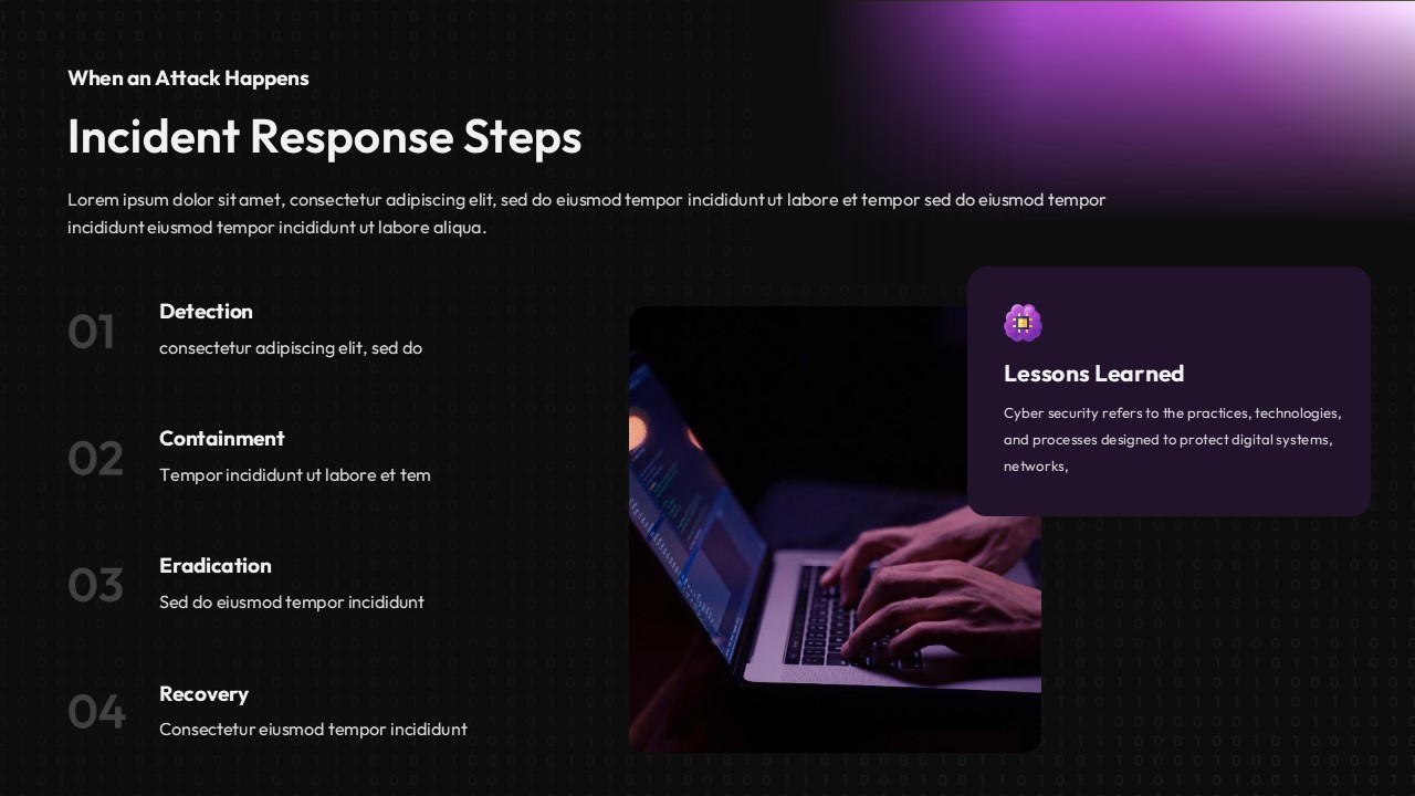 Cyber security incident response slide with dark background, purple accents, step list for detection, containment, eradication, and recovery, plus laptop security imagery.