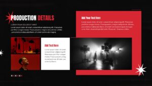 production details Cinematic film pitch deck slide layout with bold red and black design, image placeholders, and structured sections for storytelling.