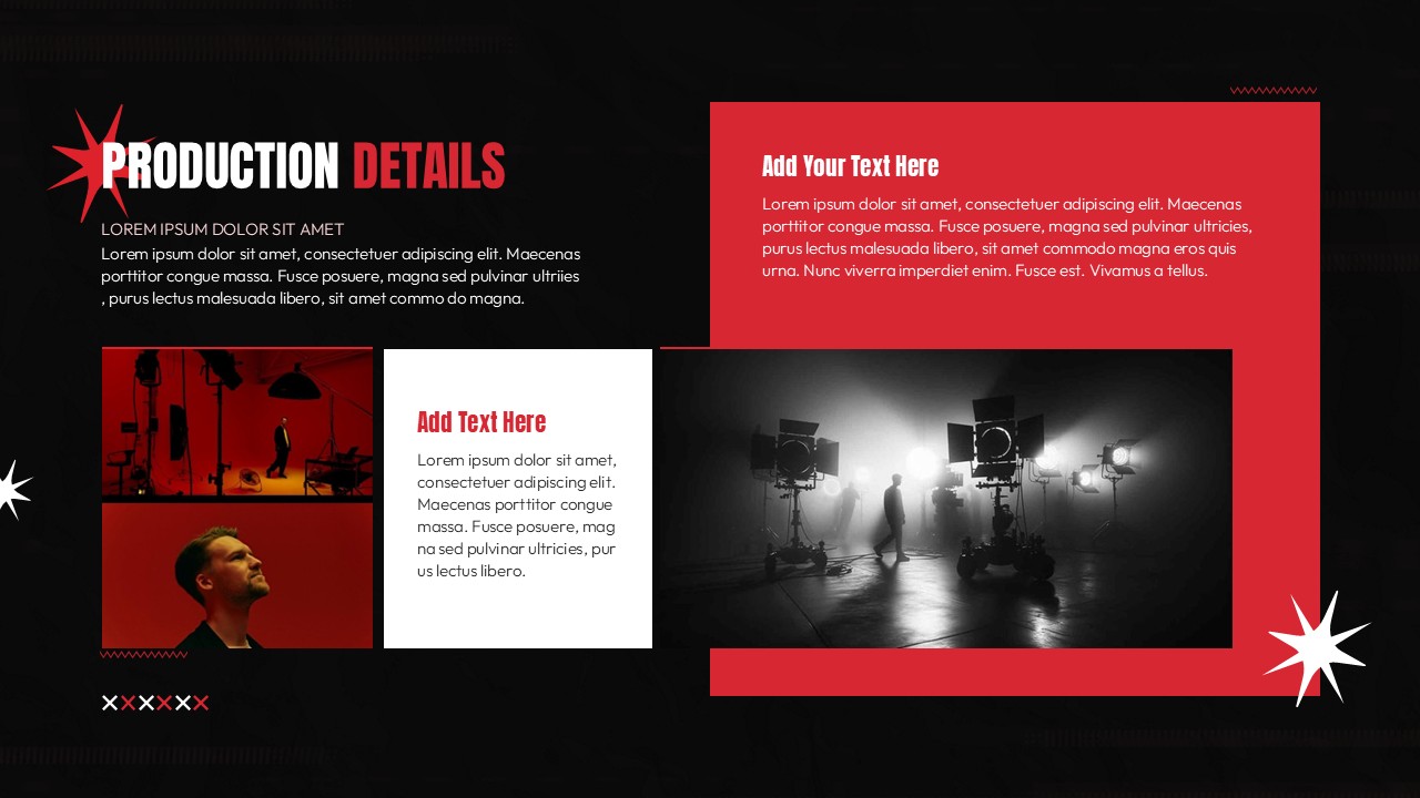 production details Cinematic film pitch deck slide layout with bold red and black design, image placeholders, and structured sections for storytelling.
