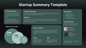 Download this startup summary slide to showcase overview, metrics, market opportunity, and team in PowerPoint and Google Slides.